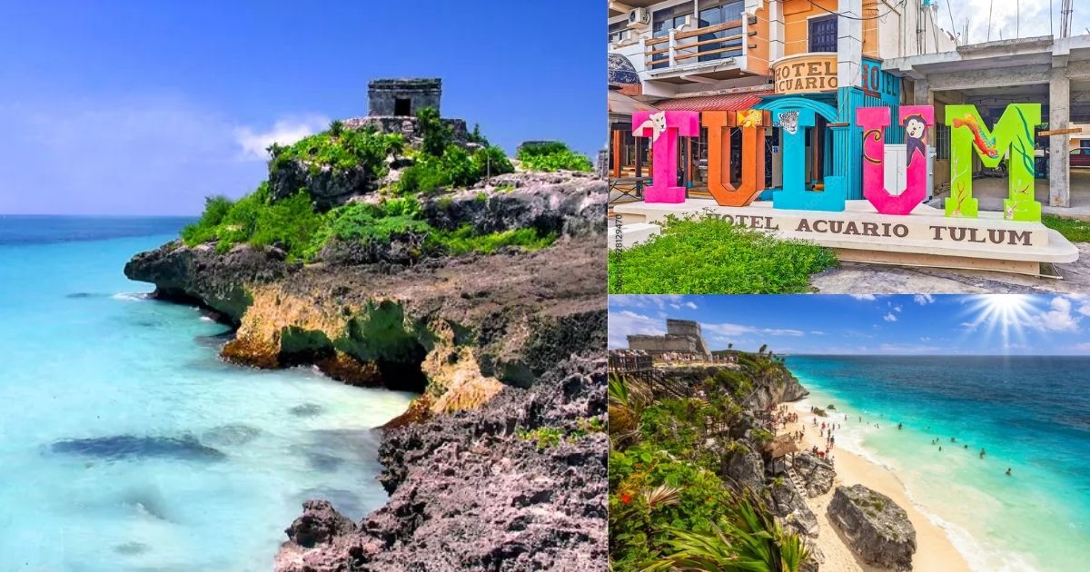 A collage of the Tulum Mágico park, with a family posing in front of a rustic wooden sign, people swimming in a beautiful blue lagoon, and a vibrant close-up of a cenote with crystal-clear water and lush plants.