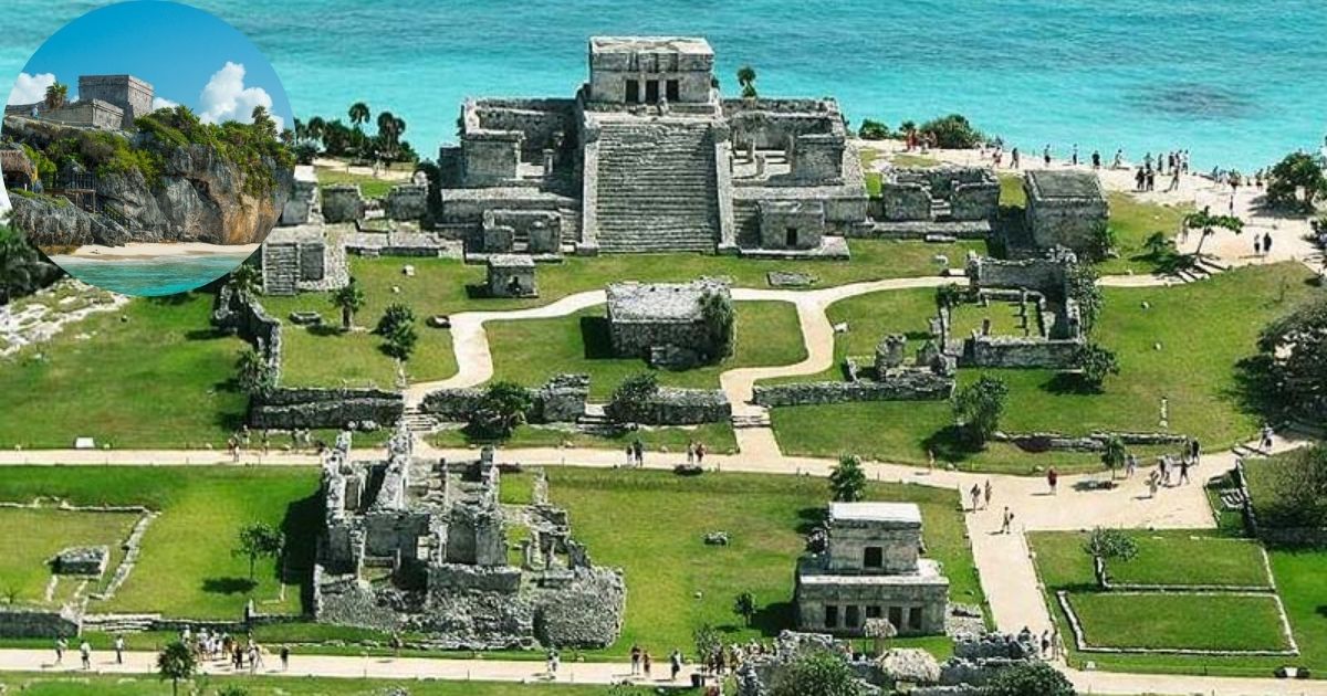An aerial view of the Tulum Mayan Ruins, a coastal archaeological site with ancient temples on a cliff overlooking the turquoise Caribbean Sea, with a collage inset of the cliffside and beach.