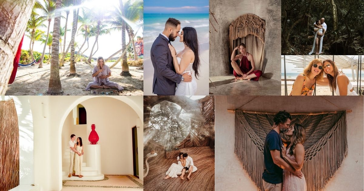 A couple posing for a private photoshoot session at a beautiful beach club in Tulum, with a collage inset showing them by a swimming pool and another artistic shot of the couple in a romantic setting.
