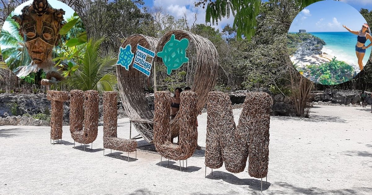 A collage of a full-day tour in Tulum, showcasing the 'Ven a la Luz' wooden sculpture by Daniel Popper, an aerial view of Cenotes Casa Tortuga, and the ancient Mayan ruins on the cliffside