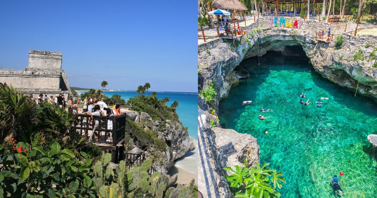 A collage of a guided tour from Cancun, showing a person posing on a rock with the Temple of the God of Winds in the background, with a collage inset of a refreshing cenote swim