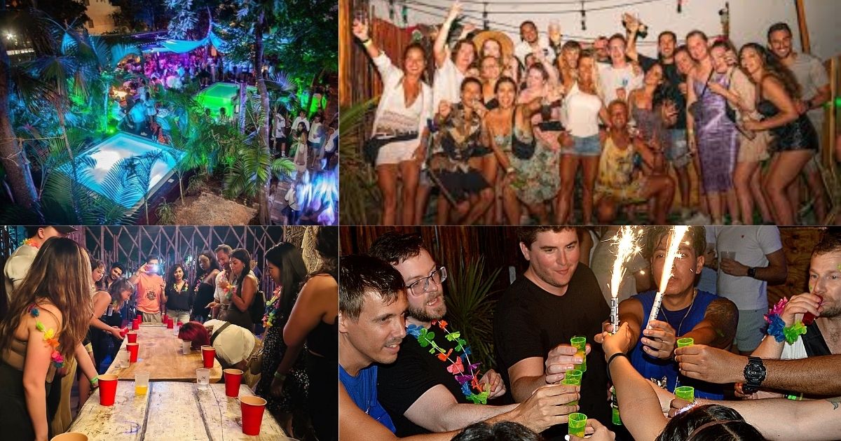 A group of happy friends posing together with drinks, with a collage inset showing a night scene at a lively bar, highlighting the fun and social atmosphere of the Tulum Social Pubcrawl.