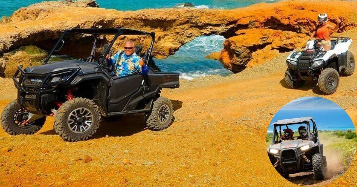 Two people on ATVs riding on a sandy, off-road path near the ocean and a natural rock arch. An inset shows a UTV driving on a dirt trail.