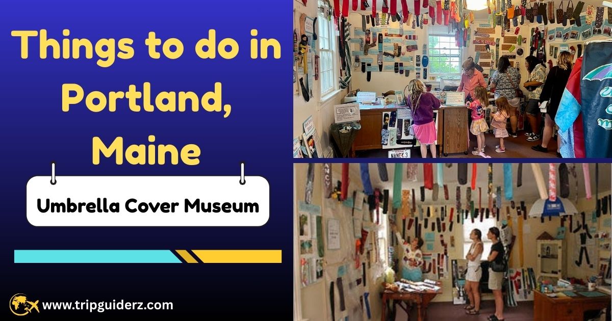 The storefront of the quirky Umbrella Cover Museum on Peaks Island, featuring a sign and collection of umbrella covers, a truly unique attraction near Portland, Maine.