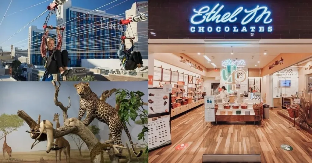 A collage of three unique experiences for kids in Las Vegas. The images show: children riding on a miniature train, a family walking on a trail, and a family watching a circus performer.