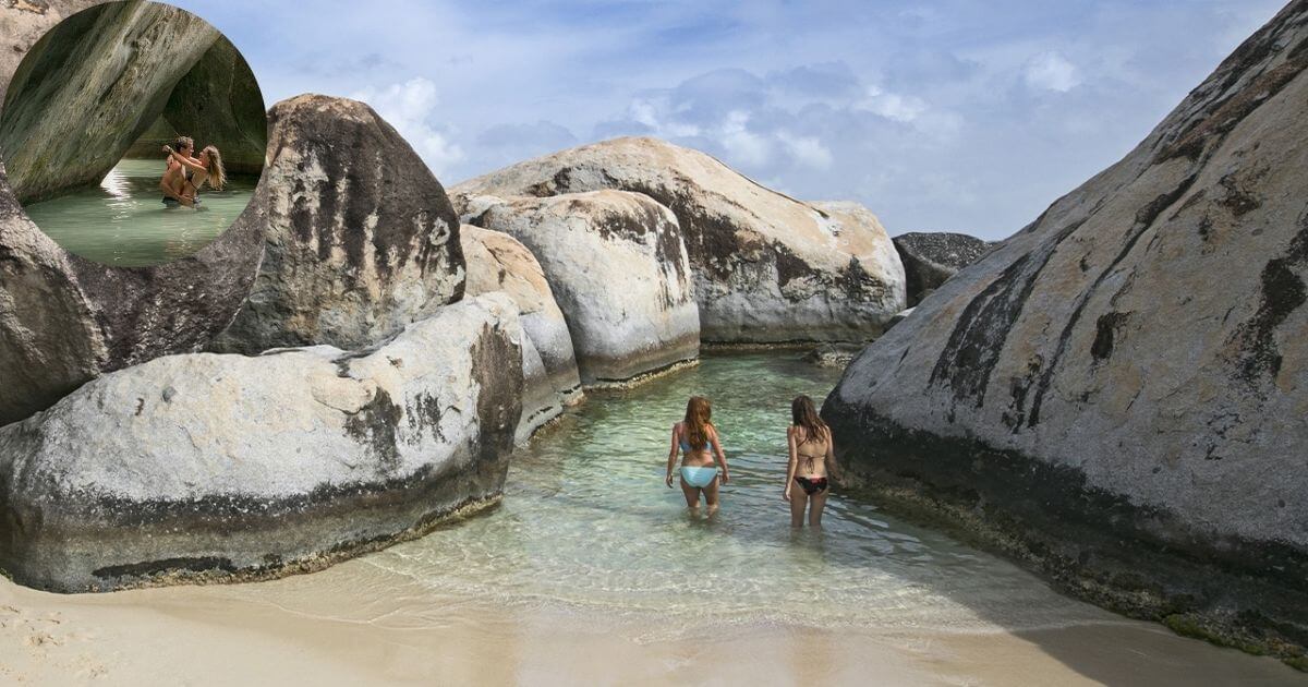 Two women wading in a natural pool surrounded by massive, smooth granite boulders at the Baths on Virgin Gorda. An inset shows two people swimming inside a cave.