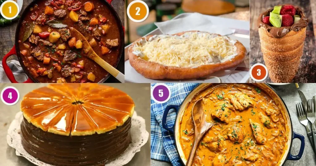 A collage of three food photos from Budapest. The images show: a hearty bowl of goulash soup with a slice of bread, a traditional Langos flatbread with various toppings, and a display of pastries and snacks at the Great Market Hall.