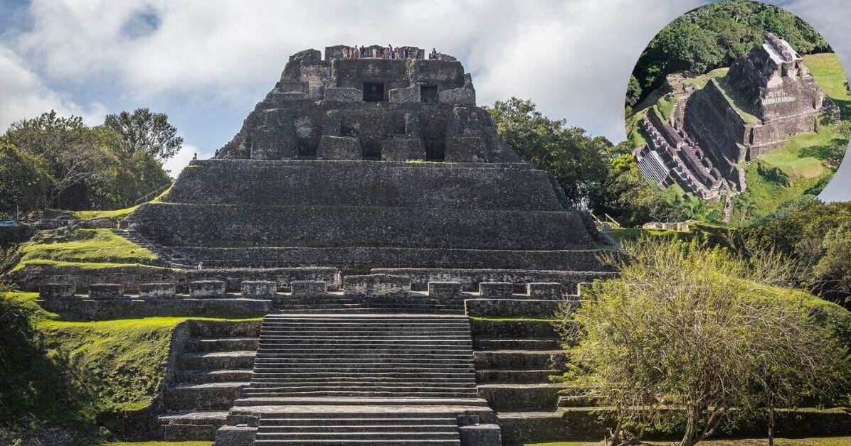 A photo of the famous El Castillo pyramid at the Xunantunich Mayan Ruins rising high above the jungle canopy, with an inset of the ancient site.
