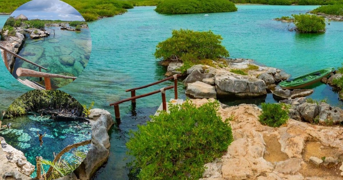 An aerial view of the beautiful Yal-ku Lagoon and Cenote, with its crystal-clear turquoise waters, surrounded by lush tropical trees and a wooden path, highlighting a popular snorkeling spot in Tulum