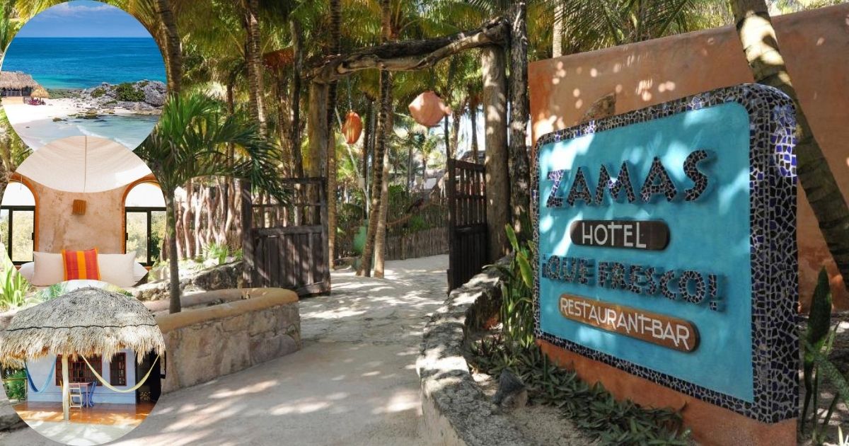 The colorful, open-air beachfront restaurant at Zamas Hotel in Tulum, with a thatched roof, vibrant seating, and a large sign, highlighting its lively and tropical atmosphere.