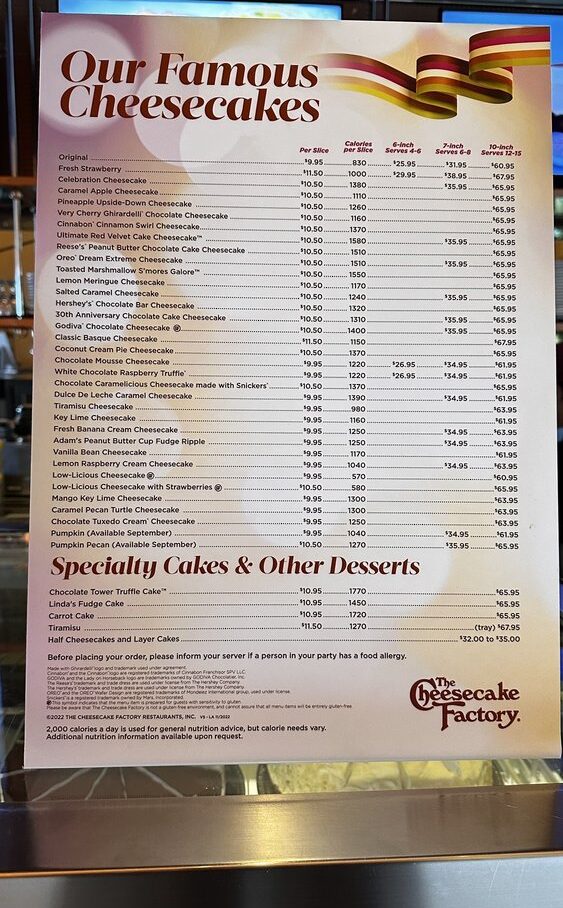 cheesecake Menu