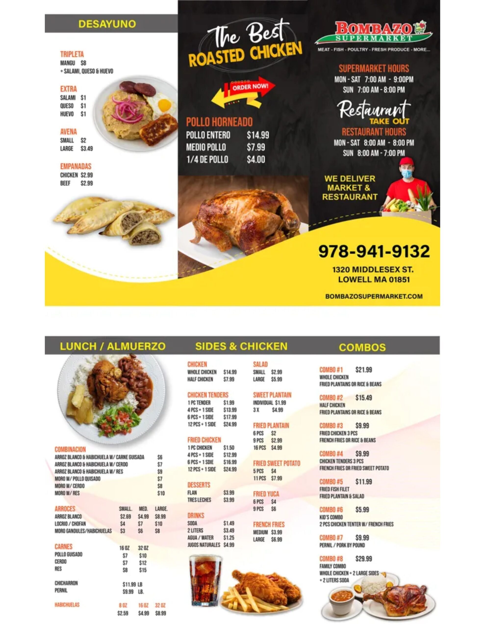 A menu for "Bombazo Supermarket & Restaurant," advertising "The Best Roasted Chicken." The menu includes sections for Desayuno (Breakfast), Pollo Horneado (Roasted Chicken), Lunch/Almuerzo, Sides & Chicken, and Combos, along with a contact phone number and address.
