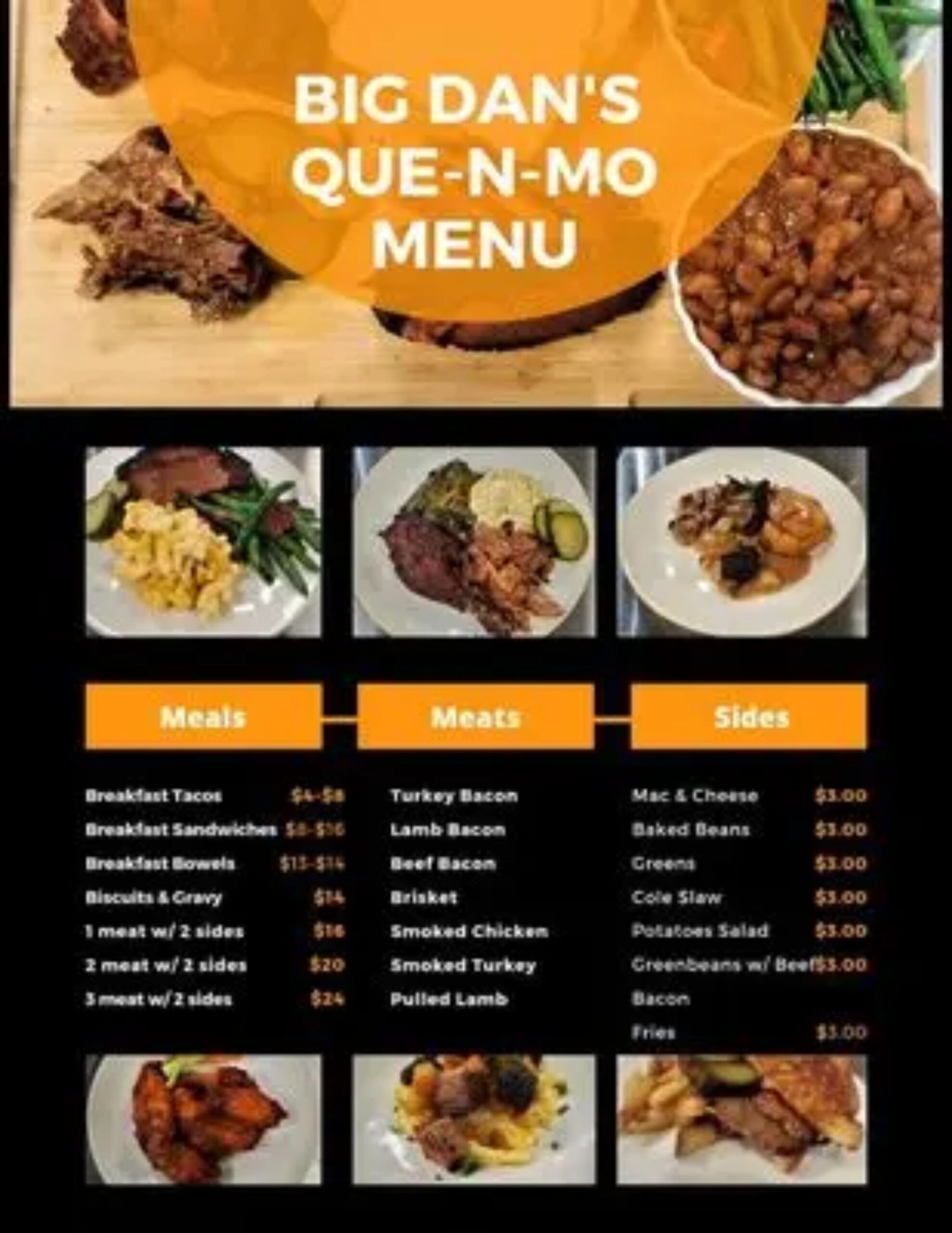 A menu from "Big Dan's Que-N-Mo," a barbecue food stall. The menu is black and orange and lists different Meats, Meals, and Sides, including Mac & Cheese, Baked Beans, Brisket, and Smoked Chicken.