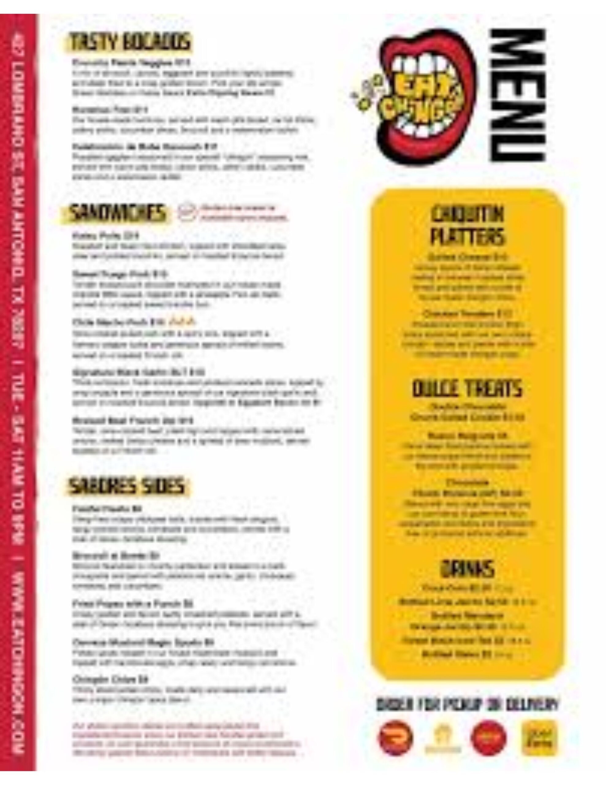 A vibrant menu from the "Eat At Chingo" restaurant, featuring sections for Tasty Bocados, Sandwiches, Sabores Sides, Chinguin Platters, Dulce Treats, and Drinks. The menu is white with a bright yellow section on the right side.