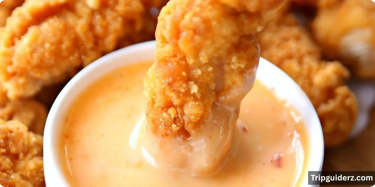 Chicken tenders come breaded and fried, served with a choice of dipping sauce