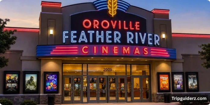 oroville-feather-river-cinemas Exterior view of Oroville Feather River Cinemas, showcasing the marquee and entrance with a clear blue sky above.