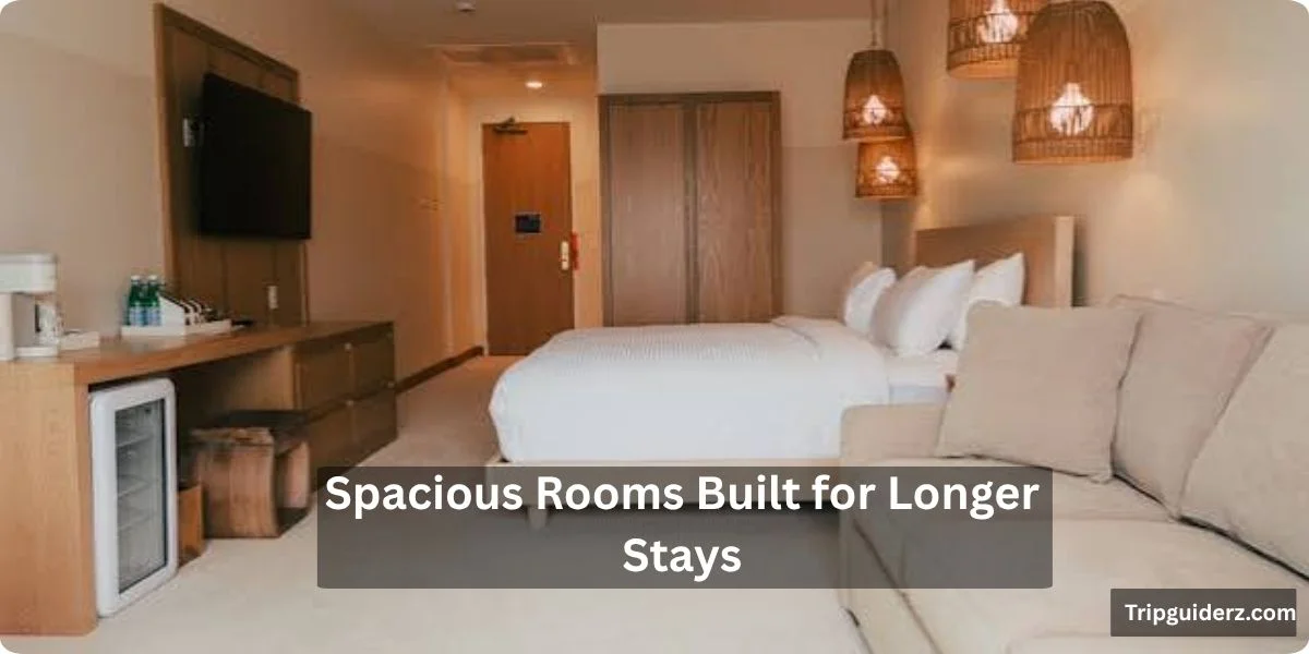 Guest feedback repeatedly highlights the size of the rooms, which include a sink, microwave, mini-fridge, and Keurig coffee maker as standard features.