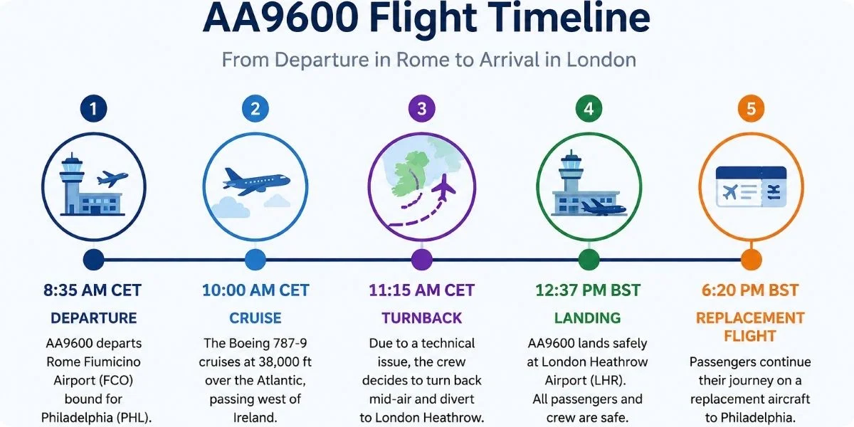 Chronological overview of significant moments in the Complete Timeline of the AA9600 Flight Diversion