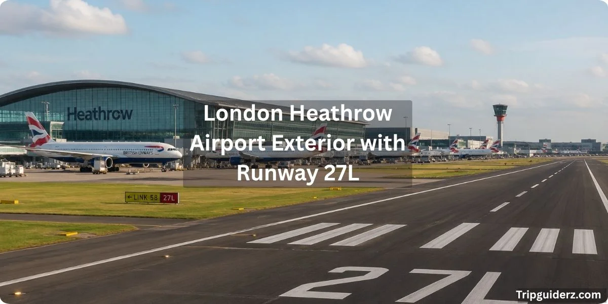 Exterior view of London Heathrow Airport showcasing Runway 27L and surrounding infrastructure.