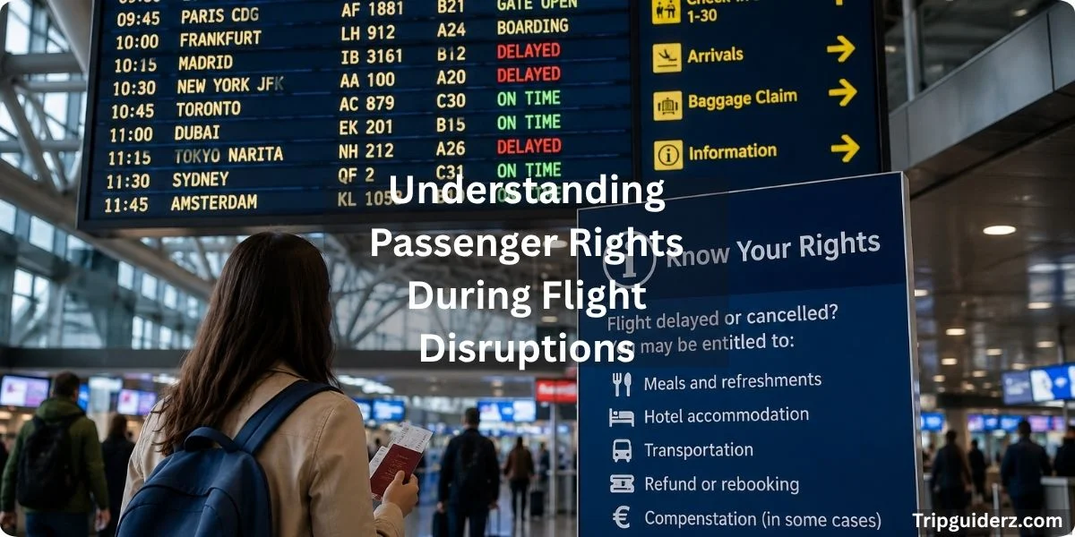 Infographic illustrating passenger rights during flight disruptions, highlighting key entitlements and compensation options.