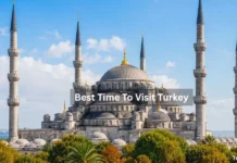 Best Time to Visit Turkey | A Month-by-Month Guide for Every Traveler Best Time to Visit Turkey: Panoramic view of the Blue Mosque (Sultan Ahmed Mosque) in Istanbul with its six minarets, cascading domes, lush gardens, and clear blue sky on a sunny day.