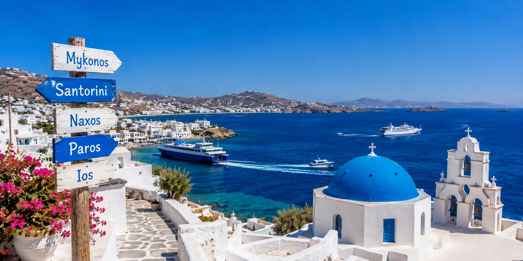 A blue and white church with a directional sign pointing towards the sea, set against a clear sky.