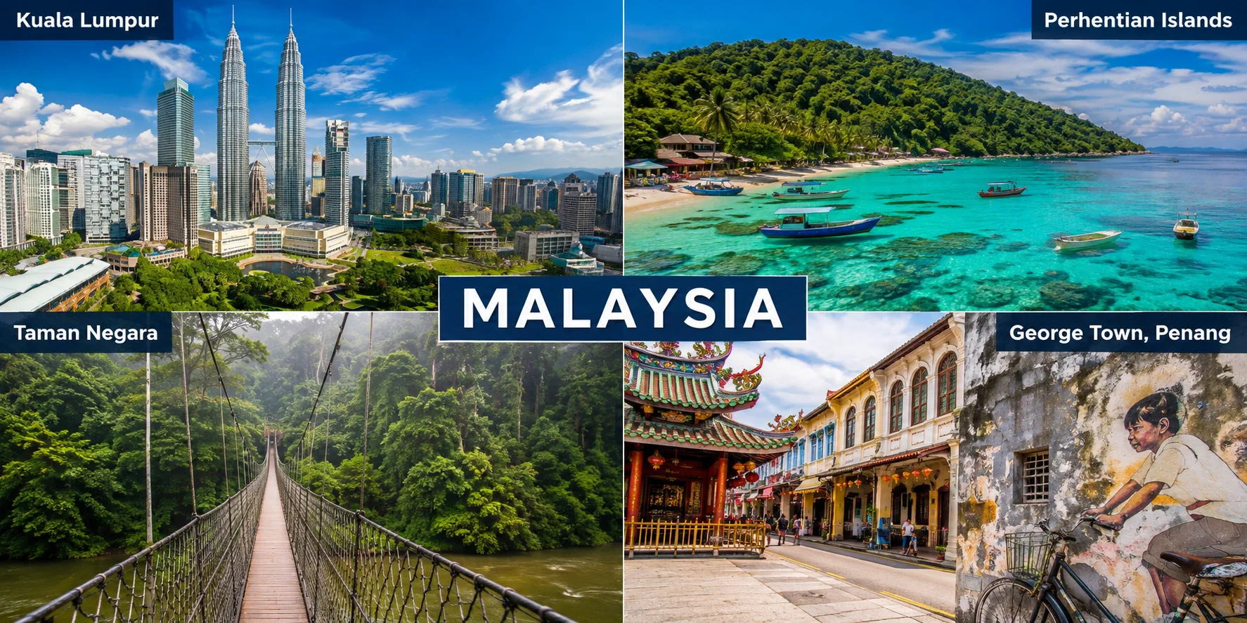 A vibrant travel guide cover featuring iconic Malaysian landmarks and cultural elements, inviting exploration of Malaysia.