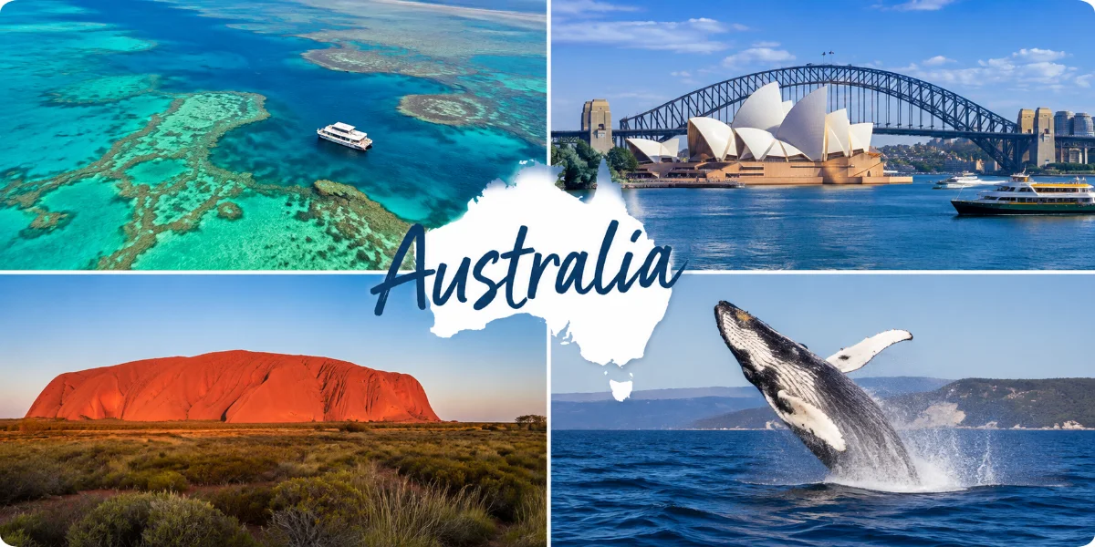 A travel guidebook featuring Australia, showcasing iconic landmarks and vibrant landscapes on its cover.