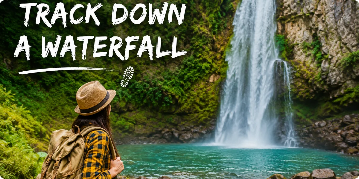 A serene waterfall cascading down rocky cliffs, surrounded by lush greenery and vibrant wildflowers.