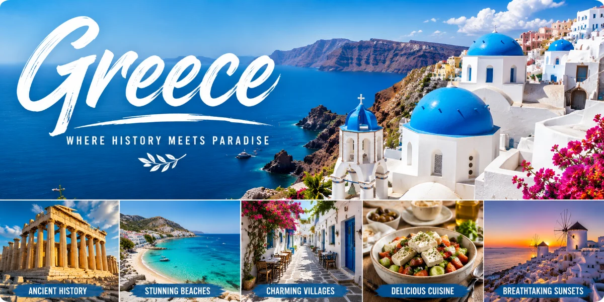 Travel guide to Greece featuring scenic photos and informative text about destinations and attractions.