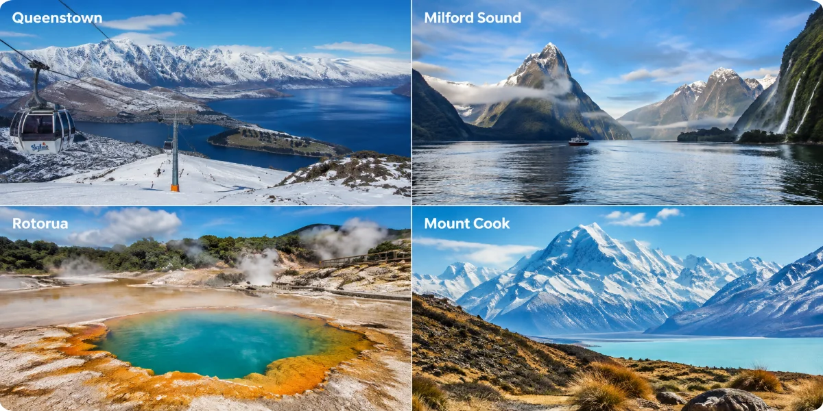 Four scenic views showcasing mountains and water, highlighting diverse landscapes and natural beauty.