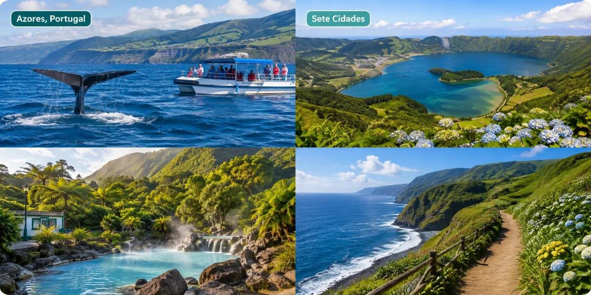 A visual collage of four scenes depicting the ocean, mountains, and a boat, illustrating the harmony of nature and adventure.