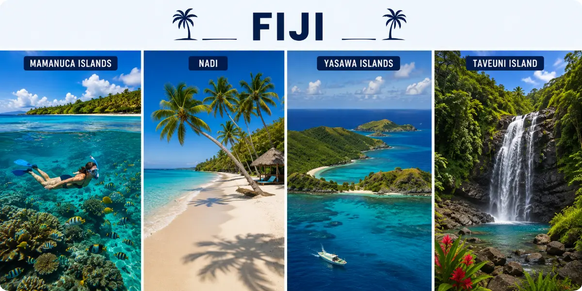 A vibrant travel guide cover featuring scenic views of Fiji's beaches and lush landscapes, inviting exploration of the islands.