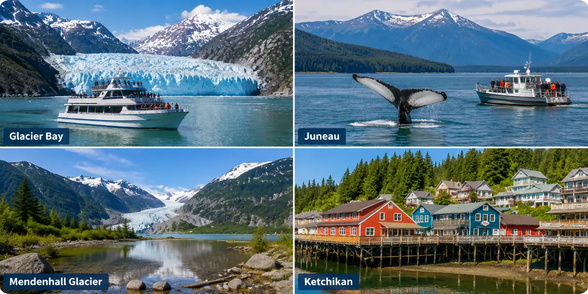 A collection of four distinct Alaskan sites featuring dramatic peaks, icy glaciers, and vibrant natural scenery.