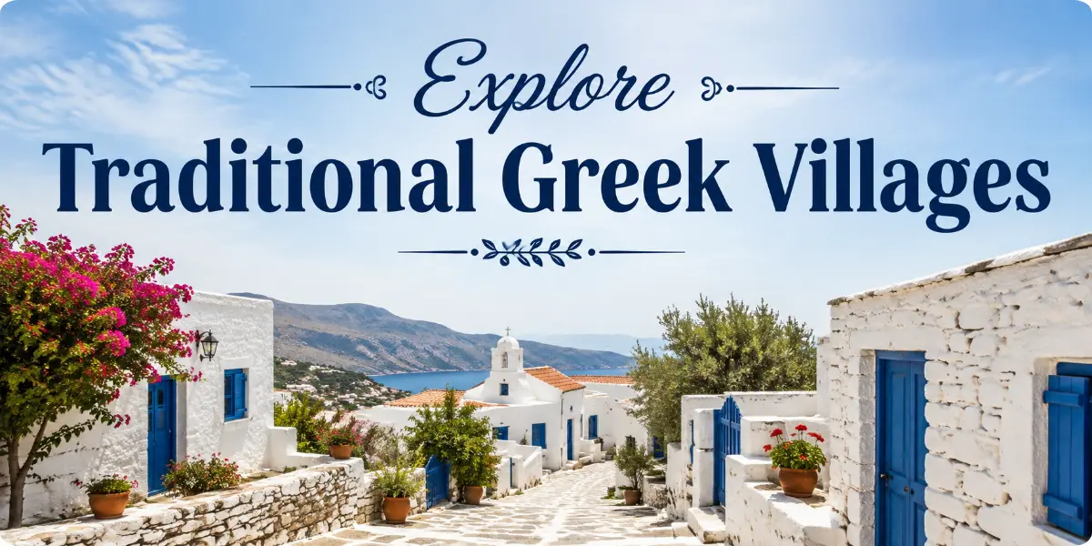 Scenic view of traditional Greek village with whitewashed buildings and blue domes under a clear sky.