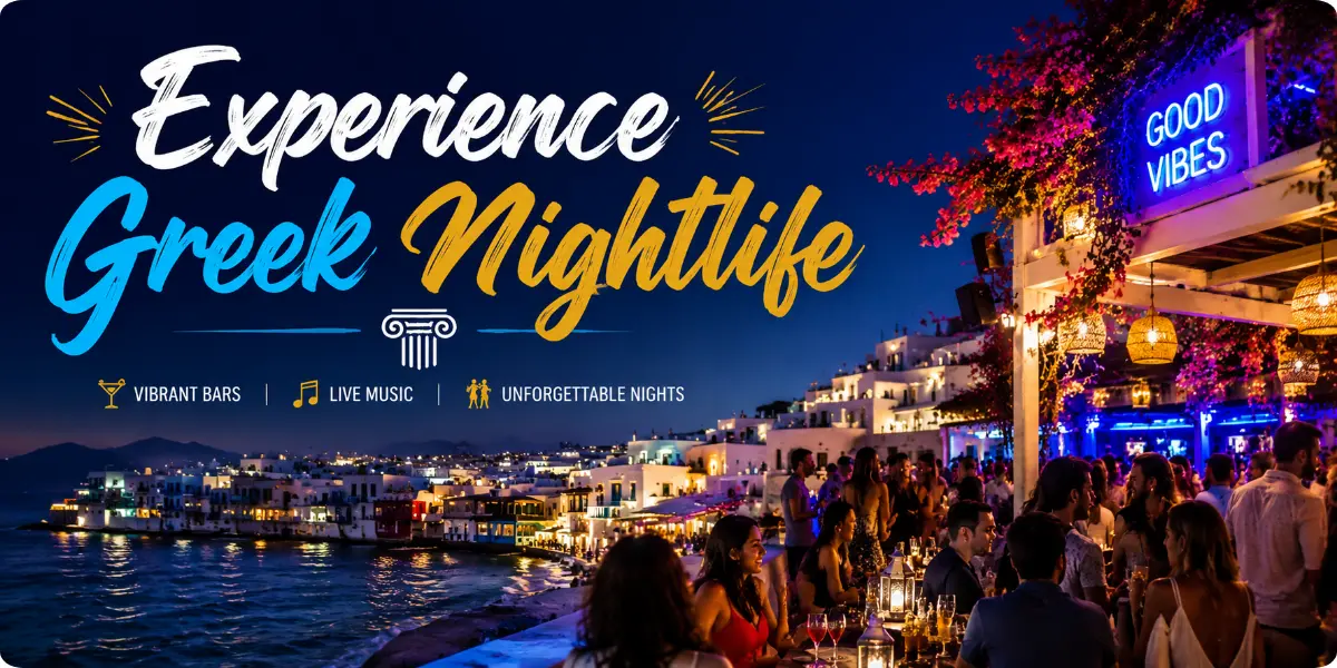 A vibrant scene of people dancing and enjoying drinks at a lively Greek nightclub, showcasing the energy of Greek nightlife.