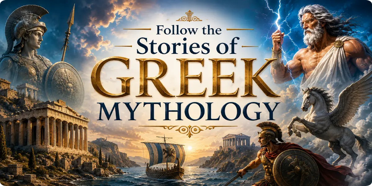 Cover of "Follow the Stories of Greek Mythology," featuring iconic Greek symbols and mythological figures in vibrant colors.