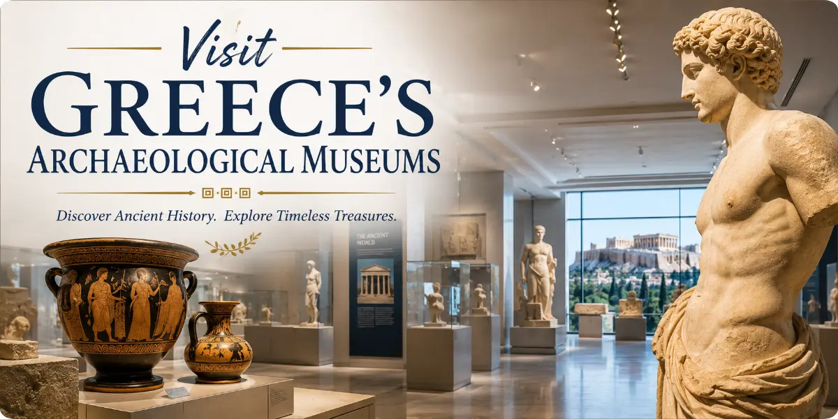 A collage of Greece's archaeological museums showcasing ancient artifacts and historical exhibits.