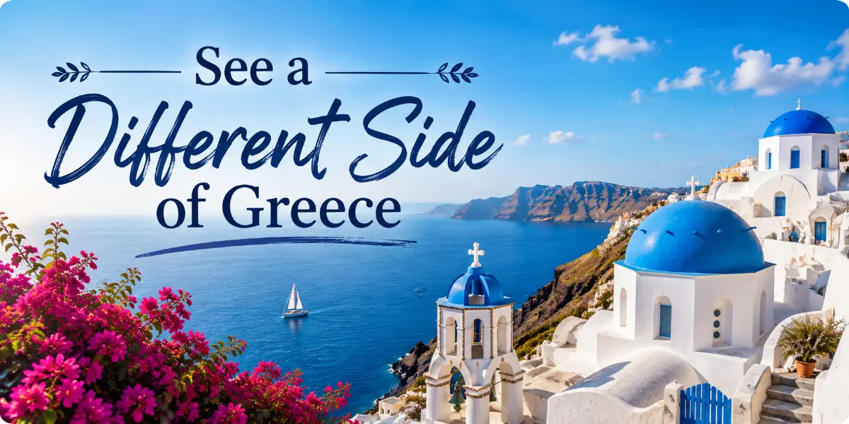 A scenic view showcasing Greece's lesser-known landscapes, featuring lush greenery and traditional architecture.