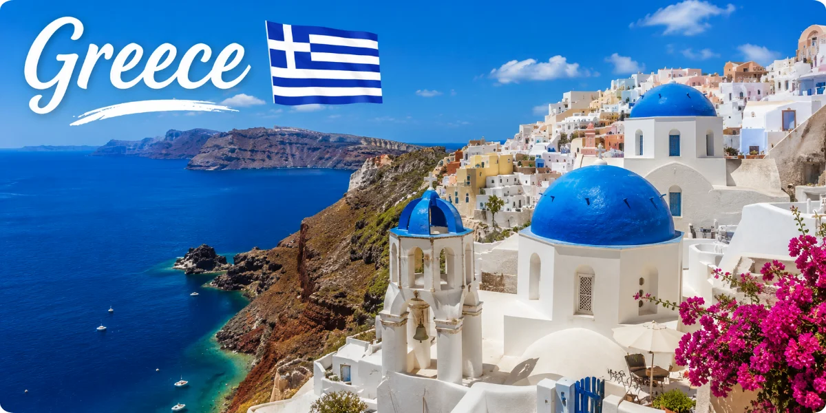 A scenic view of Greece featuring ancient ruins, blue waters, and white buildings, highlighting travel destinations.