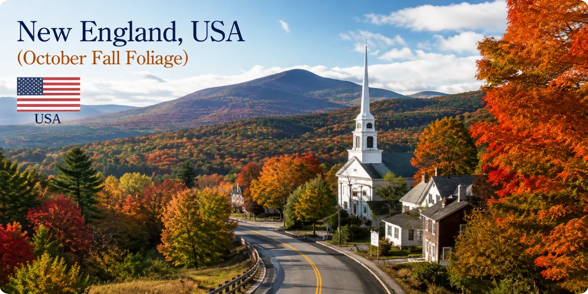 A scenic view of New England in October, showcasing vibrant fall foliage and colorful trees against a clear blue sky.
