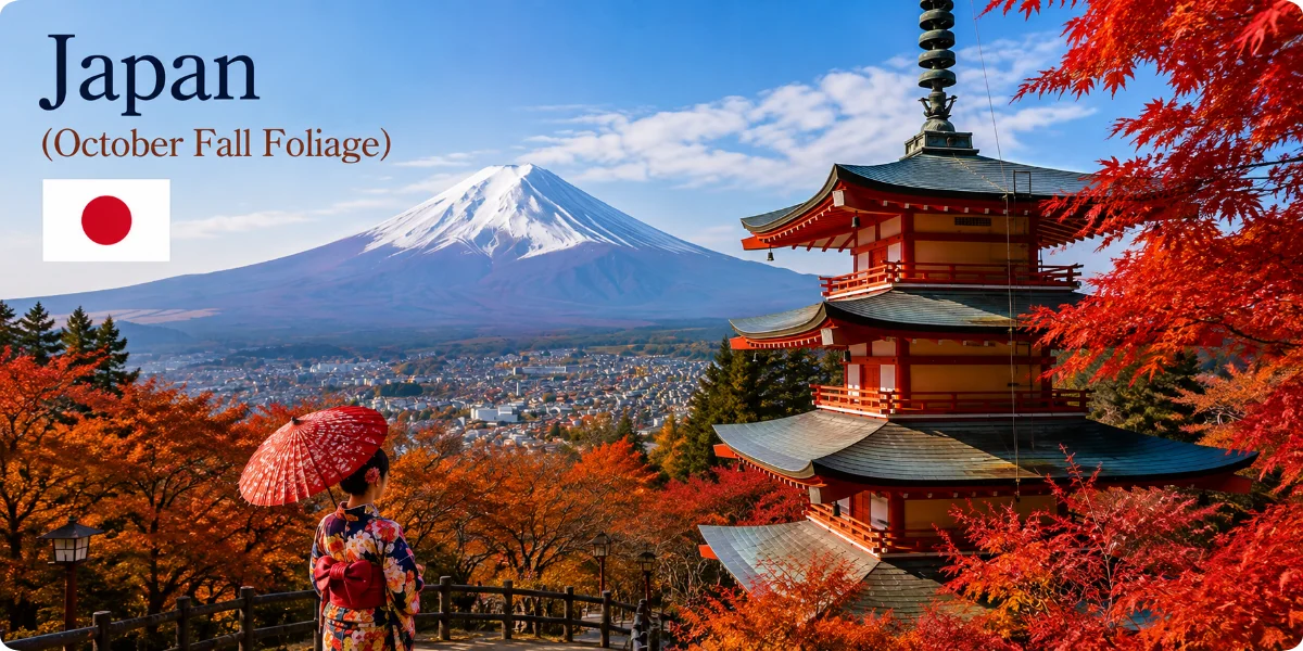 A scenic view of Japan's autumn foliage, showcasing vibrant red and orange leaves against a clear blue sky.