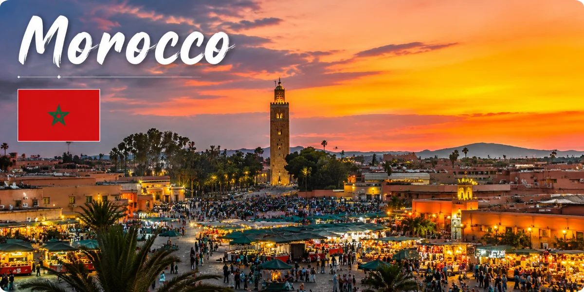 A vibrant travel guide cover featuring iconic Moroccan landscapes, architecture, and cultural elements.