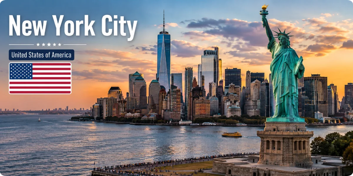 A travel guide cover featuring iconic New York City landmarks, including the Statue of Liberty and the skyline.
