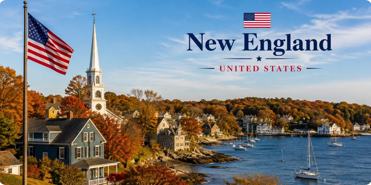 Map of New England, a region in the northeastern United States, highlighting its states and geographical features.