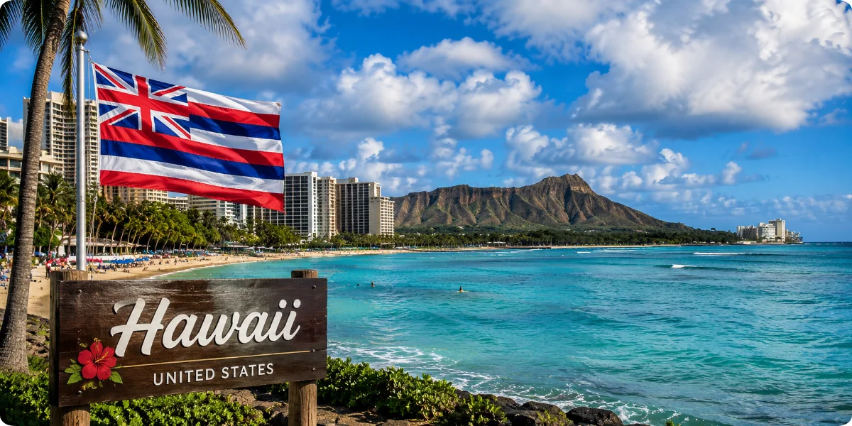 A vibrant travel guide cover featuring iconic Hawaiian landscapes, palm trees, and a sunset over the ocean.