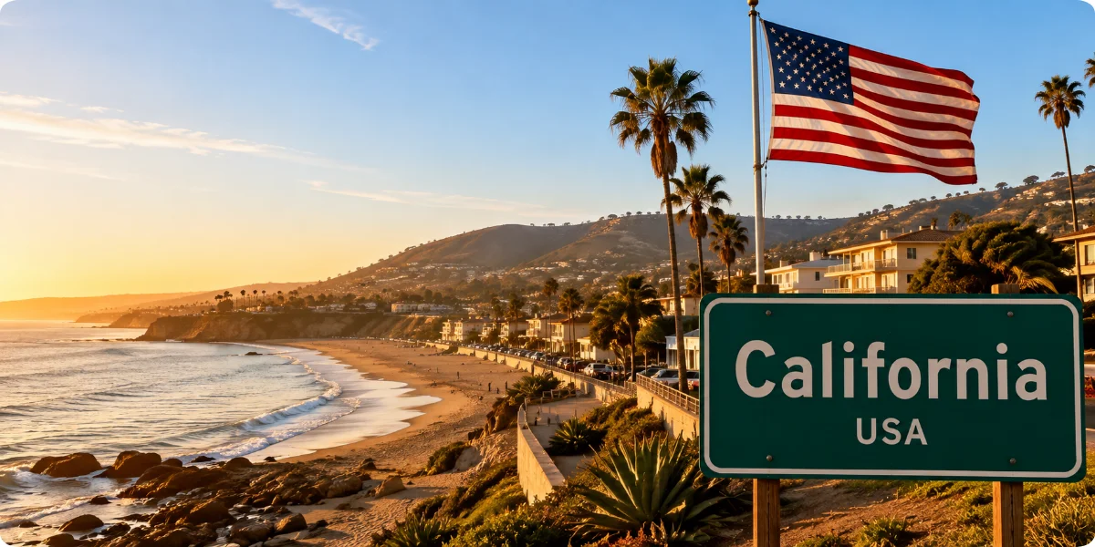 A map highlighting California as the most popular travel destination for Americans, showcasing its attractions and landmarks.