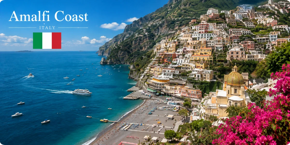 Scenic view of the Amalfi Coast in Italy, showcasing colorful cliffside villages and the sparkling Mediterranean Sea.
