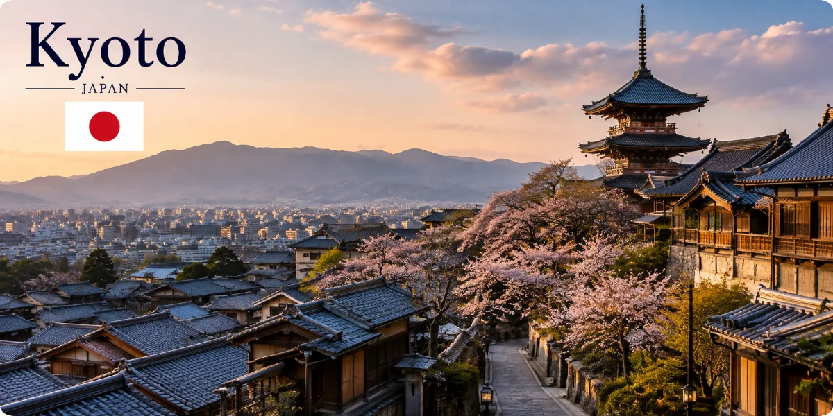 A travel guide cover featuring iconic Kyoto landmarks, blending cultural heritage with natural beauty.