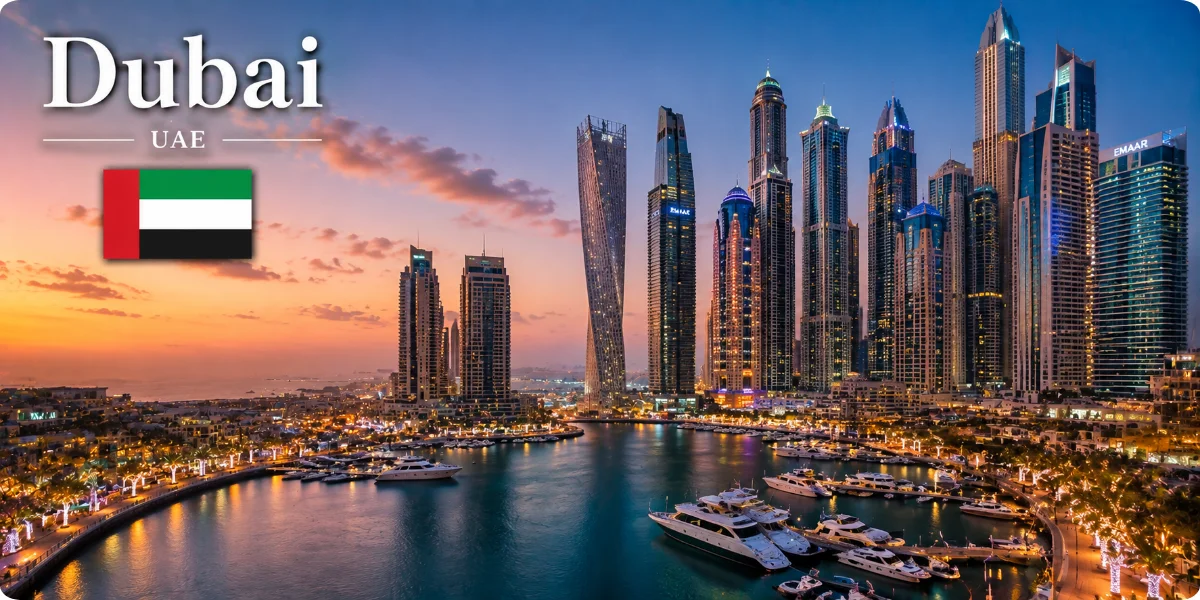 A panoramic view of Dubai's skyline featuring futuristic skyscrapers and innovative architecture under a clear blue sky.